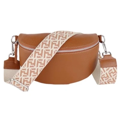Abbildung von MIRROSI® Bauchtasche Damen, Echtleder, Made in Italy, Umhängetasche, Brusttasche, Crossbody Bag (1 Tasche &amp; 2 Gurte) (Cognac (Netz), Mittelgroße (25x16x7cm))