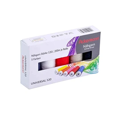 Abbildung von Ackermann 5X 200m UNIVERSAL NÄHGARN (Allesnäher), Stärke 120, 100% Polyester, reißfest (Bunt, Farbenmix (Siehe Abbildung))