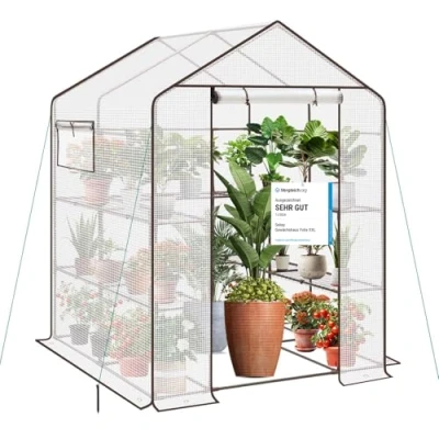 Abbildung von Sekey Gewächshaus Begehbares Foliengewächshaus mit 10 Regalebenen, Treibhaus für Garten, 143 x 195 cm Tomatenhaus Winterfest Tür, Fenster