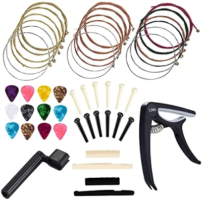 Abbildung von Anvin Akustikgitarre Zubehör Kit Gitarrensaiten Ersatz Wechsel Werkzeug Einschließlich Gitarre Akustik Saiten Picks Kapodaster Saitenkurbel Brücke Pins für Gitarrenspieler Anfänger (48 Stück)
