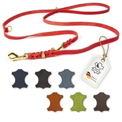 Abbildung von CopcoPet Fettlederleine für Hunde 3 Fach verstellbare Hundeleine aus weichem Leder mit Karabinern &amp; Beschlägen Messing geflochtene Führleine 100% Handmade in Germany (3 m x 15mm Rot)
