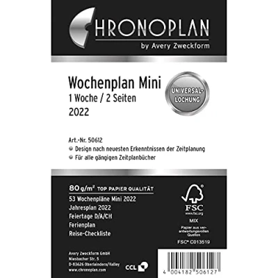 Abbildung von Chronoplan 50612 Kalendereinlage 2022, Wochenplan im Mini Format (79x125mm), Tage in Zeilen, Ersatzkalendarium, ideal für detaillierte Wochenplanung, Universallochung (1 Woche auf 2 Seiten), weiß