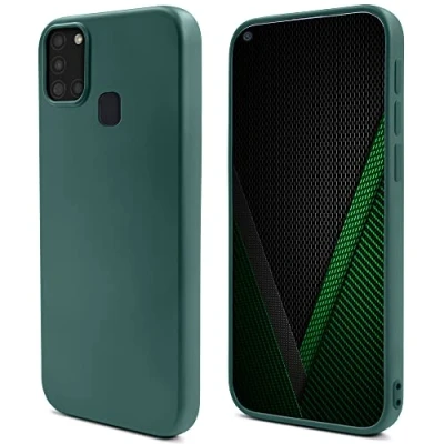 Abbildung von Moozy Lifestyle. Hülle für Samsung A21s, Dunkelgrün Silikon Handyhülle Schutzhülle mit Mattem Finish und Weichem Mikrofaserfutter
