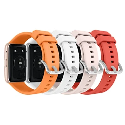 Abbildung von MoKo 4 Stück Armband Kompatibel mit Huawei Watch Fit Active/Elegant Smartwatch, Weiche Silikon Sport Ersatzarmband Uhrenarmband Edelstahlschnalle, Orange/Weiß/Sakura Rosa/Rot