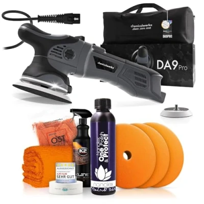 Abbildung von Poliermaschinen Set: chemicalworkz DA9 Pro Exzenter Poliermaschine + Nanolex One Step Politur Royal Pads Polierpads Zubehör Auto Lack Politur, Kratzer entfernen, Aufbereitung 8 teilig