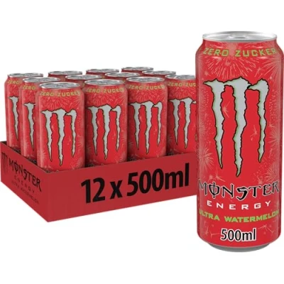 Abbildung von Monster Energy Ultra Watermelon koffeinhaltiger Drink mit Wassermelonen Geschmack in praktischen Einweg Dosen (12 x 500 ml)