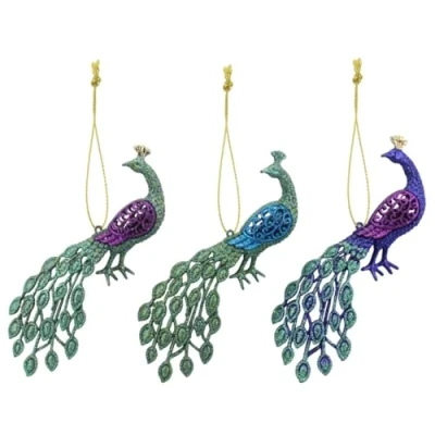 Abbildung von 3er Set Farbig Glitzer Pfau Vögel Weihnachtsdekoration 20cm
