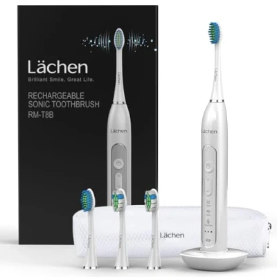 Abbildung von Lächen Sonic elektrische Zahnbürste Schallzahnbürste RM T8B， mit 4 Aufsteckbürsten und Timer, 3 Modi &amp; Vibrationsstärken Reisetasche A weiß