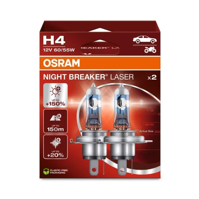 Abbildung von OSRAM NIGHT BREAKER LASER H4, 150% mehr Helligkeit, Halogen Scheinwerferlampe, 64193NL 2HB, 12V PKW, Hängebox (2 Lampen), white
