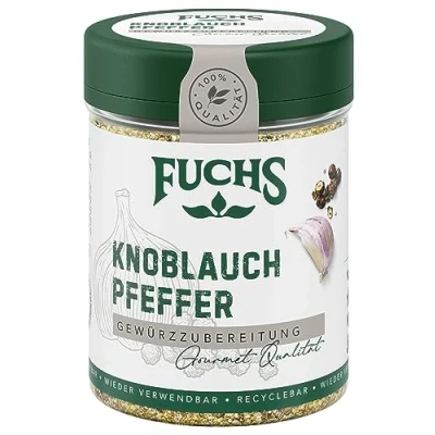 Abbildung von Fuchs Gewürze Knoblauchpfeffer Gewürzzubereitung zum Würzen oder Marinieren von Fleisch natürliche Zutaten 75 g in wiederverwendbarer, recyclebarer Dose