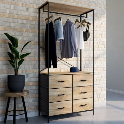 Abbildung von Garderobenschrank B. 80 cm UTAH mit 6 Kästen aus Stoff in Holz und Schwarz