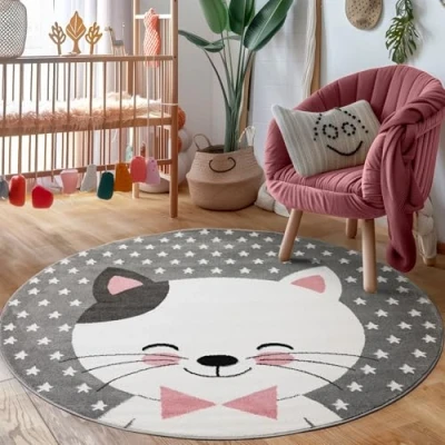 Abbildung von Carpettex Kinderteppich Katze Design Pink 160 cm Rund Kurzflor Teppich Kinderzimmer für Mädchen und Jungen Pflegeleicht Weich Waschbarer Spielteppich Babyteppich Gaming Babyzimmer