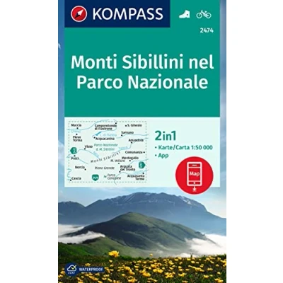 Abbildung von KOMPASS Wanderkarte 2474 Monti Sibillini nel Parco Nazionale 1:50.000: markierte Wanderwege, Hütten, Radrouten