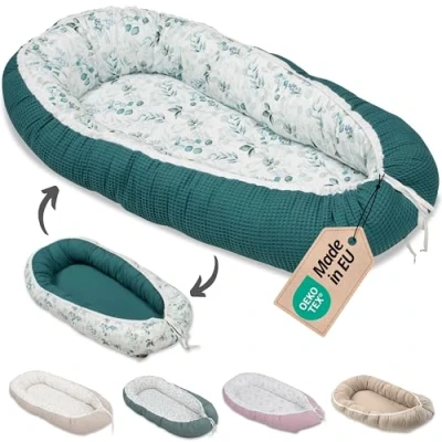 Abbildung von ULLENBOOM Babynest 100% OEKO TEX Materialien &amp; Made in EU, Eukalyptus Petrol Babynestchen Neugeborene aus kuscheliger Baumwolle, Ideal als Reisebett Kuschelnest geeignet