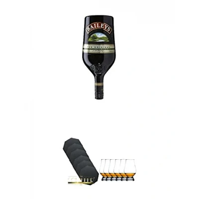 Abbildung von Baileys Cream Sahne Whiskylikör Irland 1,5 Liter Magnum + Schiefer Glasuntersetzer achteckig 6 x ca. 9,5 cm Durchmesser The Glencairn Glass Whisky Glas Stölzle Stück