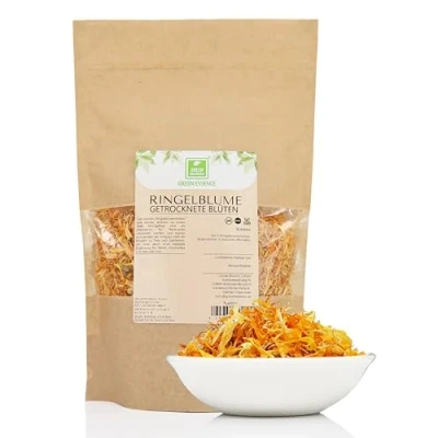 Abbildung von Ringelblumen getrocknete Blüten 250g von der Grünen Essenz aromatisch Blumen für Aufguss und Badezusatz Ringelblumentee Kräuterte Ringelblumenblüten (250 Gramm)