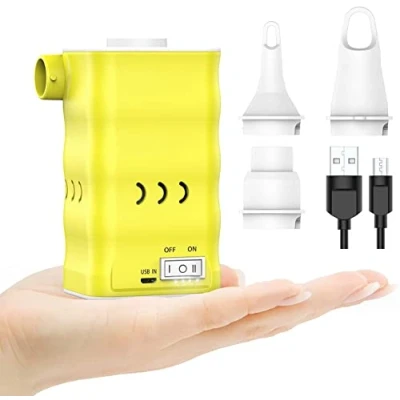 Abbildung von Elektrische Luftpumpe, Dr.meter 6000mAh Wiederaufladbare Mini Pumpe mit 3 Luftdüsen Schnell Luftpumpe Elektrisch Inflator für Luftmatratze Planschbecken Pool Schlauchboot (Gelb)