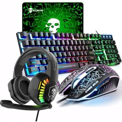 Abbildung von UK Layout 4 in 1 Gaming Tastatur und Maus Set, Regenbogen Hintergrundbeleuchtung, USB + 2400 DPI 6 Tasten Optische LED Headset Mauspads für PC/Computer