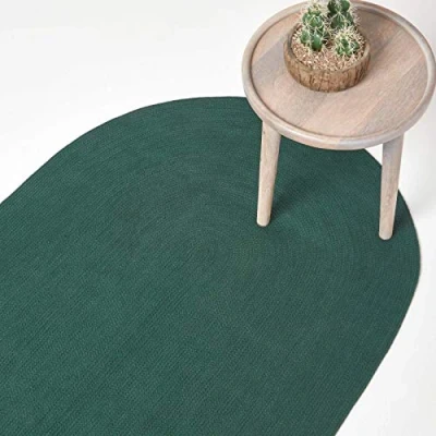 Abbildung von Homescapes ovaler Teppich 90 x 150 cm, dunkelgrün, geflochtener Läufer aus Baumwolle, Wendeteppich, handgewebter Retro Teppich, grün