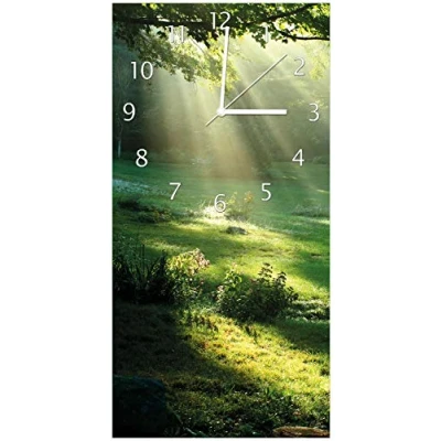 Abbildung von Wallario Design Wanduhr, Acrylglasuhr Größe 30 x 60 cm, weiße Zeiger, Motiv Sonnenstrahlen im Wald