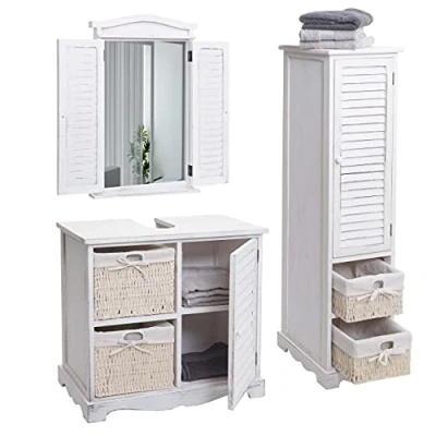 Abbildung von Mendler Badezimmerset HWC H20, Badmöbel Set Hochschrank Waschbeckenunterschrank Wandspiegel Shabby weiß
