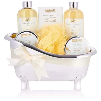 Abbildung von BRUBAKER Cosmetics Bade und Dusch Set Vanille 7 teiliges Geschenkset in dekorativer Wanne Wellness Badewanne Silber