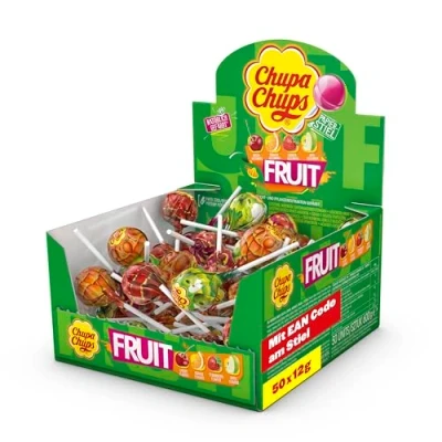Abbildung von Chupa Chups Fruit Lutscher Dose, praktische Box mit 50 Lollis Barcode in 4 fruchtigen Geschmacksrichtungen Apfel, Erdbeere, Orange &amp; Kirsche