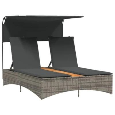 Abbildung von vidaXL Gartenliege Doppel Sonnenliege mit Dach und Auflagen Grau Poly Rattan, 1 St.