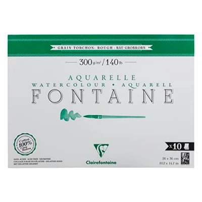 Abbildung von Clairefontaine 975515C Aquarellblock Fontaine Torchon, 100% Hadern, 10 Blatt, 26x36cm, 300g, 1 seitig geleimt, ideal für Nasstechniken, Block
