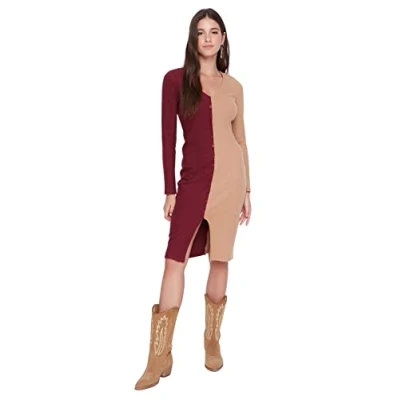 Abbildung von TRENDYOL Damen Midi Standard Fitted Dress V Ausschnitt Bordeaux Kleid, Burgundy, L