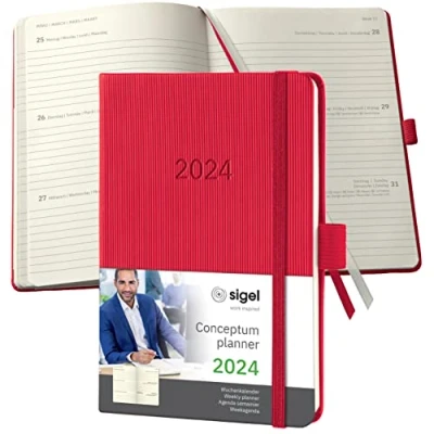Abbildung von SIGEL C2465 Terminplaner Wochenkalender 2024, ca. A6, rot, Hardcover, 176 Seiten, Gummiband, Stiftschlaufe, Archivtasche, PEFC zertifiziert, Conceptum