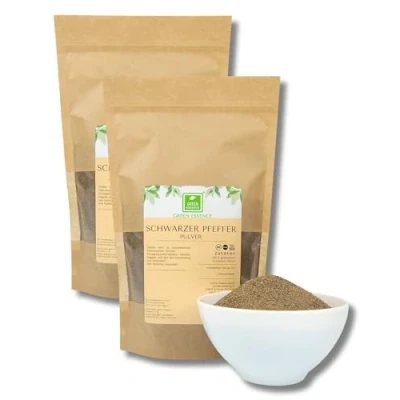 Abbildung von Pfeffer schwarz gemahlen 500g (2 * 250g) von der Grünen Essenz schwarzer Pulver Universalgewürz 100% natürlich ohne Zusätze vegan Gewürz gemahlene Pfefferkörner (500 Gramm)
