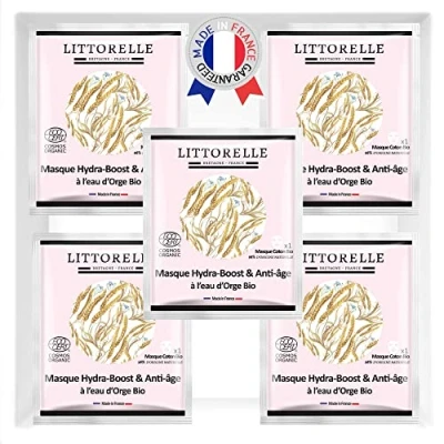 Abbildung von Littorelle Hydra Boost Anti Aging Maske aus BIO Baumwolle zertifiziert Made in Frankreich Feuchtigkeitsspendende Gesichtspflege für zarte Haut 98,5% Natürlichen Ursprung 5 Stücke