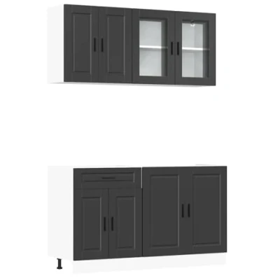 Abbildung von vidaXL 4 TLG. Küchenschrank Set Kalmar Schwarz Holzwerkstoff, Küchenzeile Einbauküche, Schrank Set, Unterschrank, Küchenschrank, Hängeschrank
