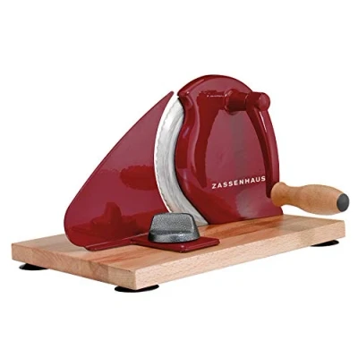 Abbildung von Zassenhaus Brotschneidemaschine manuell CLASSIC Rot Solinger Klingenstahl Schnittstärken: 1 18mm Brett und Kurbel aus Buchenholz 30 x 25,5 19cm