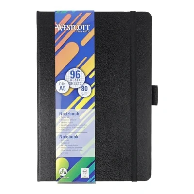 Abbildung von WESTCOTT Notizbuch DIN A5 kariert, 192 Seiten im Hardcover, 80 g/m² FSC Mix Papier, mit Innentasche, Lesezeichen, Gummizug und Stifthalter
