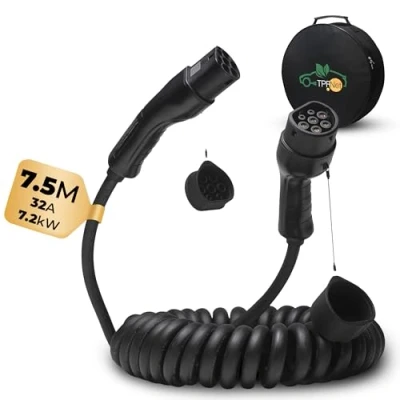 Abbildung von TPFNet Typ 2 Spiral Kabel E Auto 7.2kW Ladekabel 32A Autoladekabel, Stecker, (750 cm), Elektroauto 2, IP65 geschützt, 1 Phasig, 7,5m