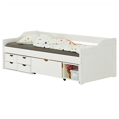 Abbildung von IDIMEX Bett mit Stauraum Kinderbett Jugendbett 90x200 Kiefer massiv weiß