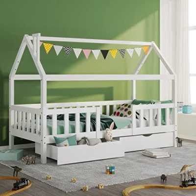 Abbildung von ZYLOYAL10 Kinderbett, Hausbett 90x200 cm 5 bis 10 Jahren Massivholz Kinderbett mit Rausfallschutz und Lattenrost (mit Schublade, Weiß)
