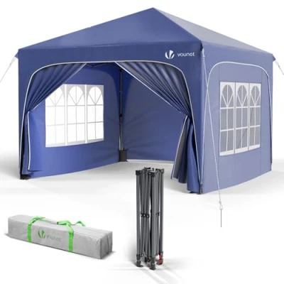 Abbildung von VOUNOT® Pavillon 3x3m mit 4 Seitenteilen &amp; Sandsäcke, Pop Up Faltpavillon, Wasserdicht, Faltbar Gartenzelt Partyzelt, inkl. Tasche, Blau