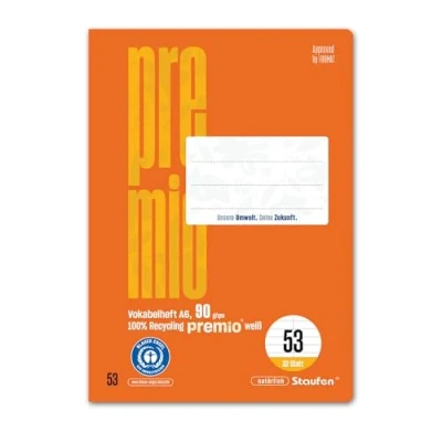 Abbildung von Staufen premio Vokabelheft 5 Hefte je 32 Blatt, DIN A6, Lineatur 53 (mit Mittellinie), 90 g/m² Recyclingpapier
