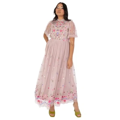 Abbildung von Maya Deluxe Damen Women&#039;s Ladies Midaxi Dress Short Sleeve Ruffle High Neck Embroidered A line for Wedding Guest Occasion Prom Ball Gown Kleid, Frosted Pink,