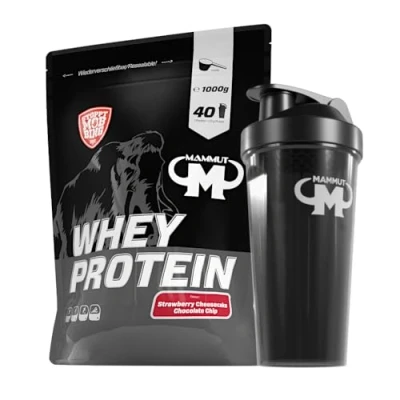 Abbildung von 1kg Mammut Whey Protein Eiweißshake Set inkl. Shaker, Riegel, Powderbank oder Tasse (Strawberry Cheesecake, Gratis Shaker)