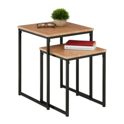 Abbildung von Relaxdays Beistelltisch 2er Set, stapelbar, Industrie Design, Satztisch 2 Größen, quadratisch, Metall, hellbraun/schwarz