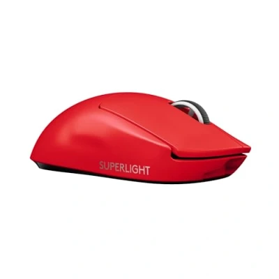 Abbildung von Logitech G PRO X Superlight kabellose USB Gaming Maus, Ultra leicht 63g, Hero 25K Sensor, 25.600 DPI, 5 programmierbare Tasten, Lange Akkulaufzeit, integrierter Speicher, für E Sport, PC/Mac Rot