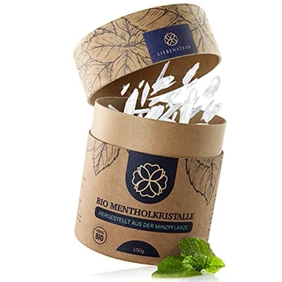 Abbildung von Liebenstein Sauna Aufgussset BIO Mentholkristalle (1 tlg) [100g] nachhaltige Verpackung und Dosierlöffel aus Holz 100% Minze