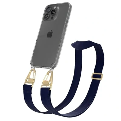 Abbildung von EAZY CASE Handykette mit breitem Band kompatibel iPhone 16 Pro Max dünne Handyhülle für Apple Hülle Silikon Fallschutz Kette zum Umhängen in Nacht Blau Clips Gold