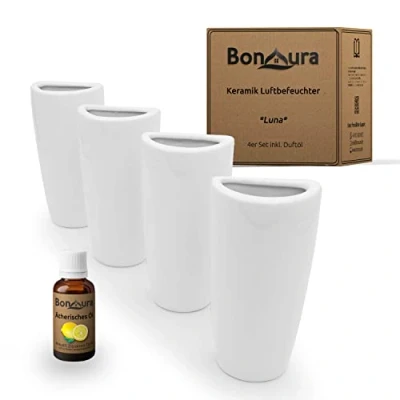 Abbildung von BonAura Luftbefeuchter 4er Set Heizung Keramik Heizkörper Wasser Verdampfer, 0,35 l Wassertank, mit Duftöl und Haken, Schickes Design, Angenehme Atemluft