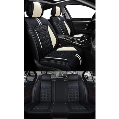 Abbildung von nenyan Autositzbezüge Komplett Set Universal in Premium Design Schonbezüge für die Vordersitze &amp; Rückbank Auto Sitzbezüge Airbag Geeignet Wasserdicht Sitzbezug Schwarz Beige Standard