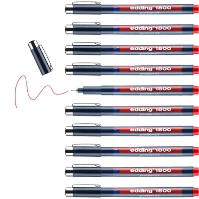 Abbildung von edding 1800 Präzisionsfeinschreiber rot 10 Stifte Linienbreite 0,25 mm Fineliner zum präzisen Schreiben und Skizzieren feine, metallgefasste Spitze Lineal schablonengeeignet